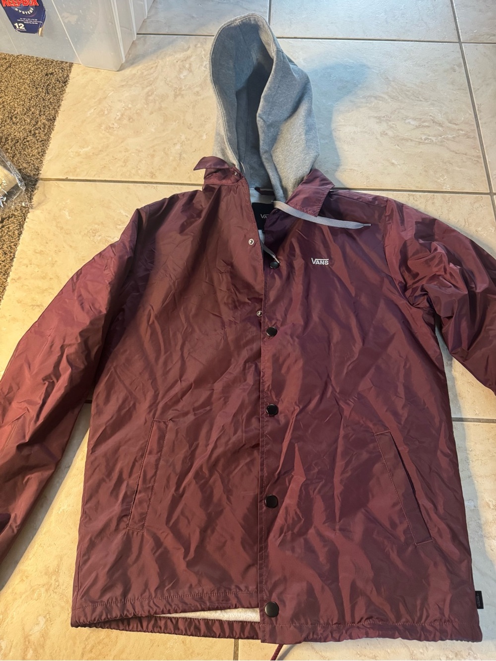 Vans Men's Burgundy Hooded Windbreaker Jacket with Gray Hood